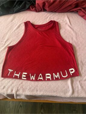 Jessica Simpson Red Crop Tank Top with White 'THEWARMUP' Lettering